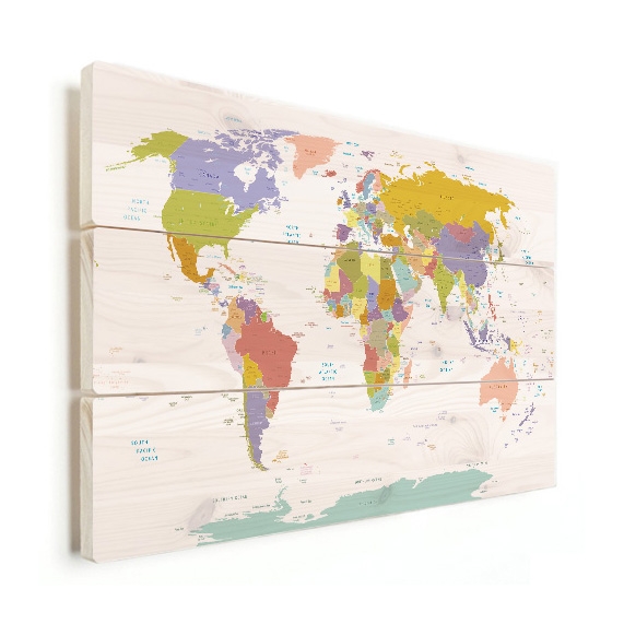 landen - pastel Wereldkaart hout - Wereldkaarten
