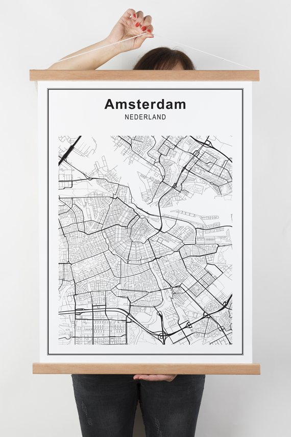 stadskaart Amsterdam op textielposter met latten
