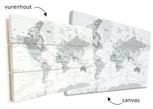 Wereldkaart grijstinten op hout of canvas