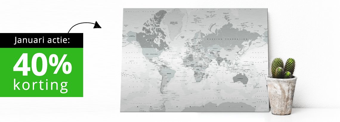 Maandaanbieding Januari - 40% korting op de wereldkaart in grijstinten