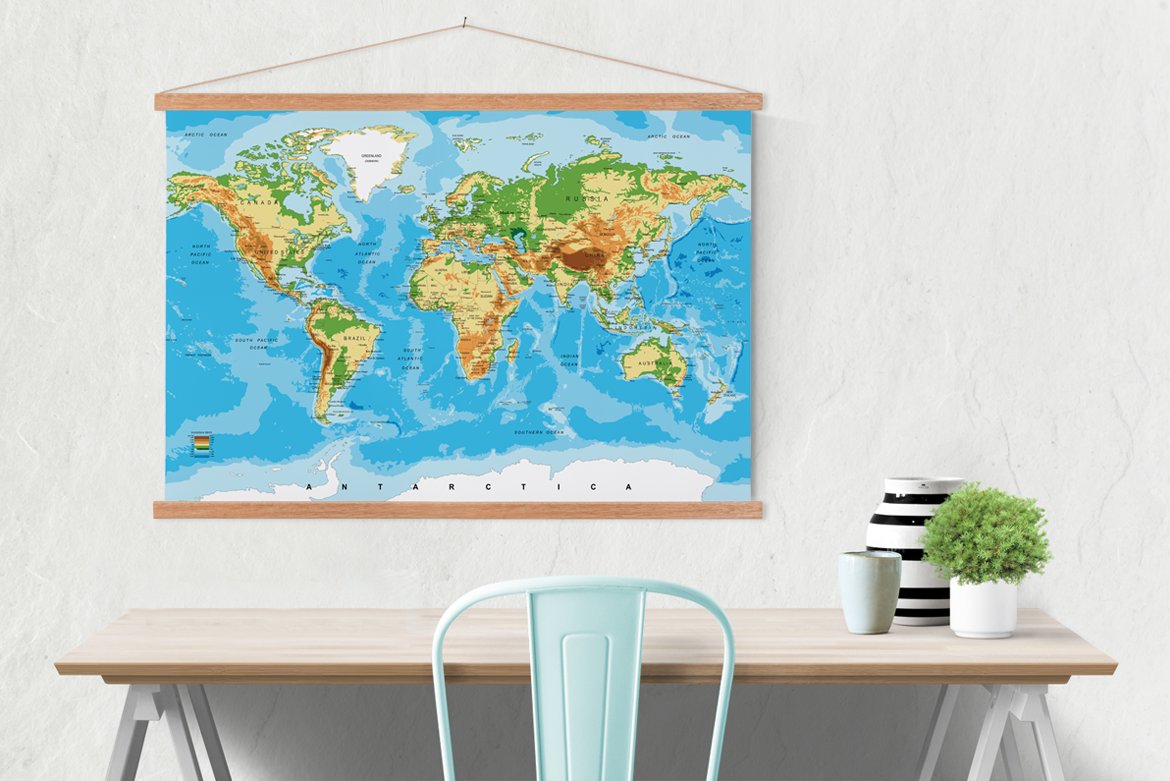 Klassieke wereldkaart op textielposter in kantoor